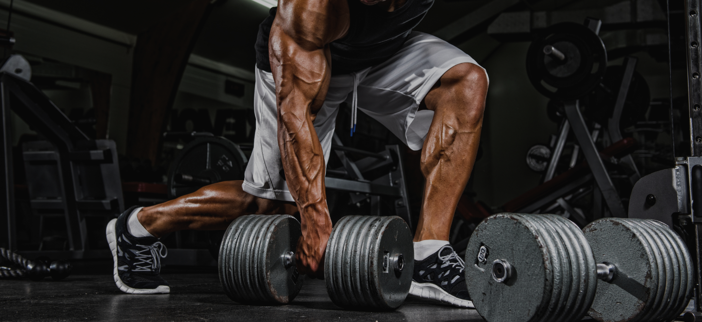 A person lifting heavy dumbbells in a gym setting, focusing on strength training and muscle building.
