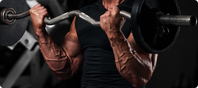 A person lifting a barbell, focusing on arm muscles and strength training.