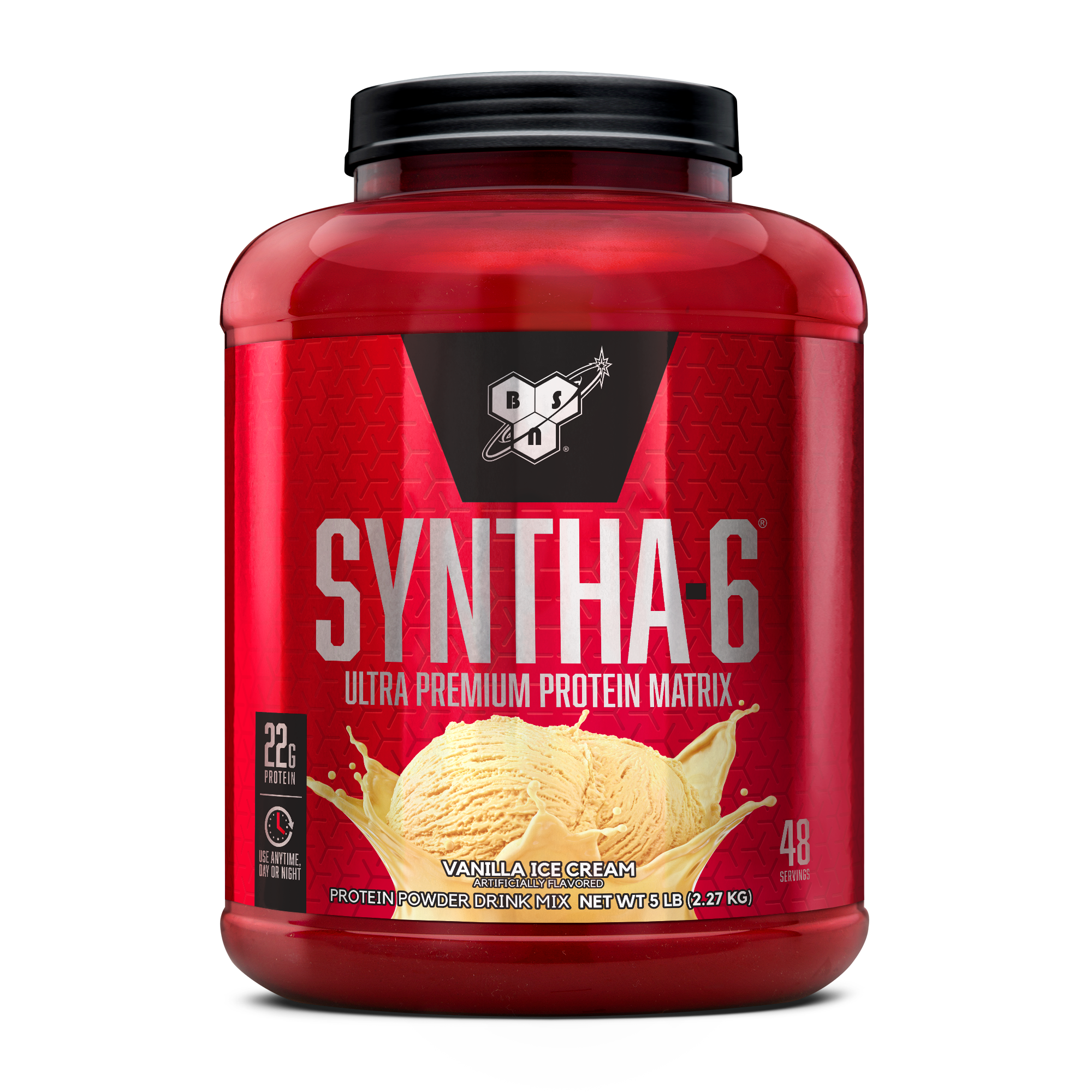 BSN Syntha-6 protein powder, vanilla ice cream flavor, 5 lb container.