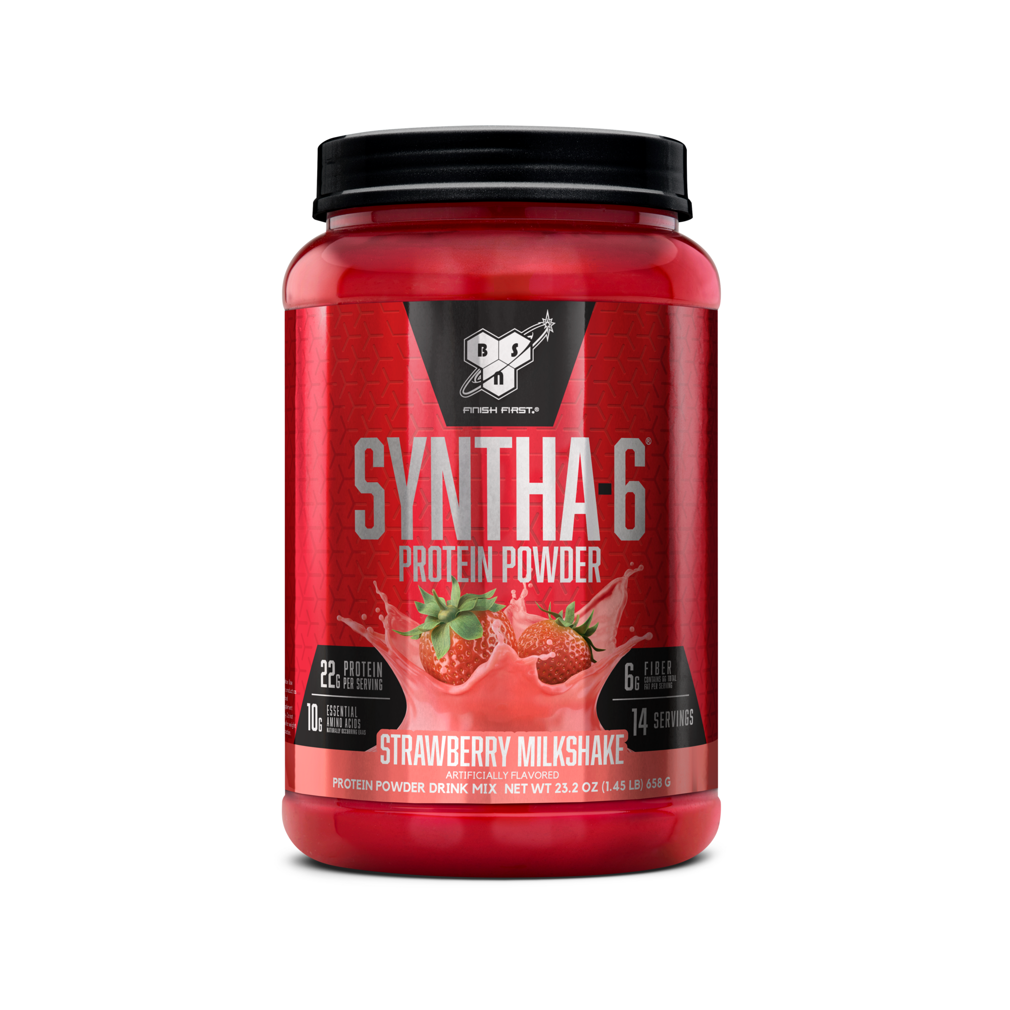 Syntha-6 protein powder, strawberry milkshake flavor, 2.91 lb container, 14 servings.