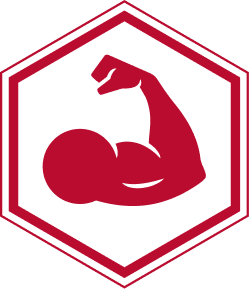 Red hexagonal logo featuring a flexed arm silhouette.