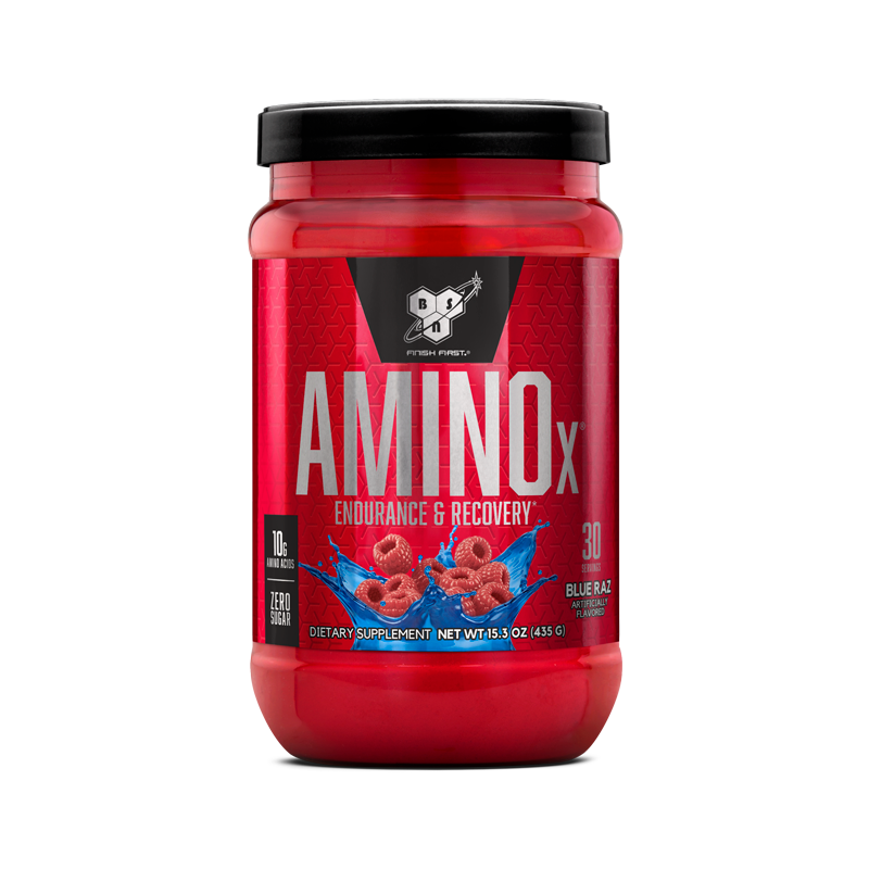 BSN Amino X dietary supplement, 435g container, blue raz flavor, supports endurance and recovery.