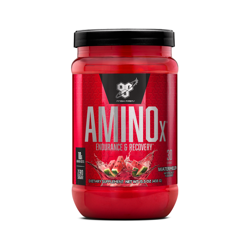 BSN Amino X endurance and recovery supplement, 30 servings, watermelon flavor, 435g container.