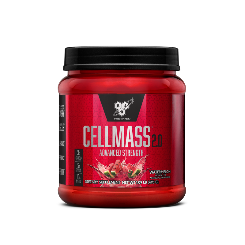 BSN Cellmass 2.0, advanced strength dietary supplement, 1.09 lb container, watermelon flavor.