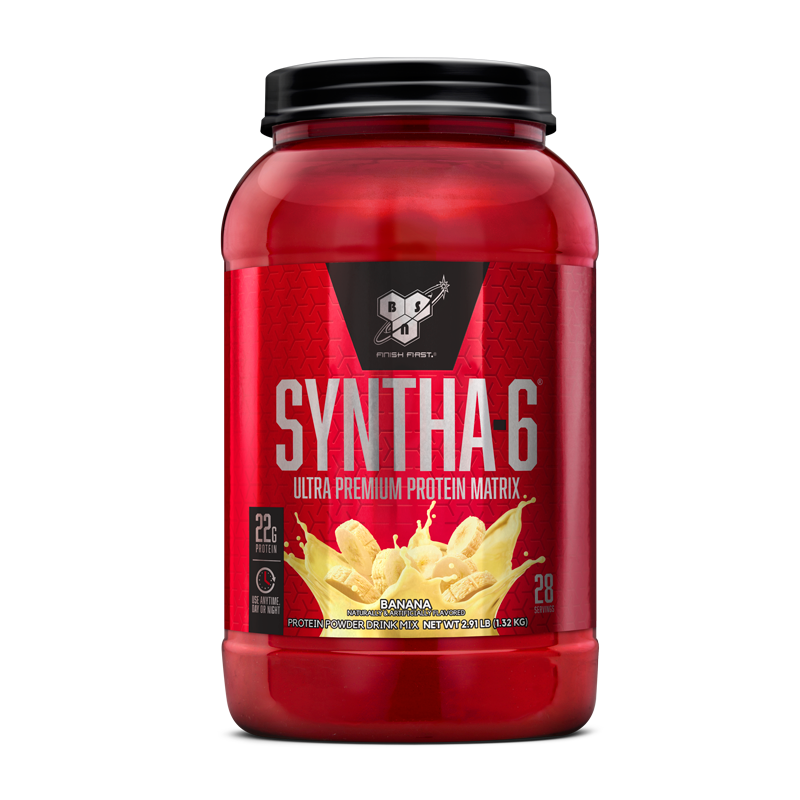 BSN Syntha-6 protein powder, banana flavor, 2.91 lb container.