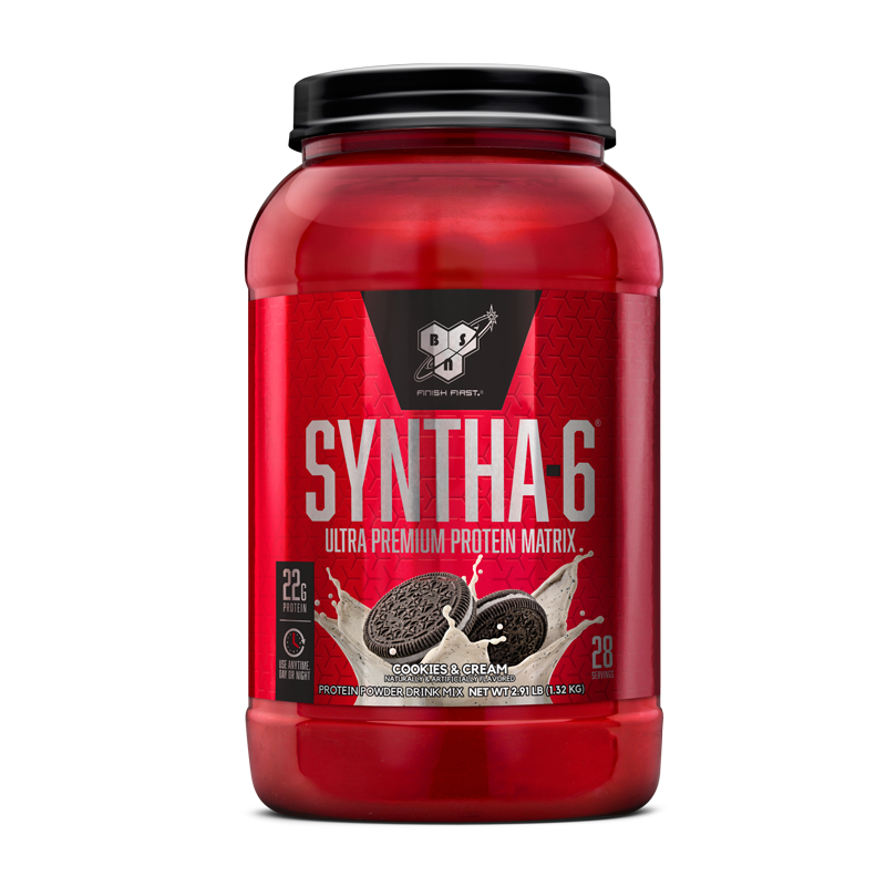 BSN Syntha-6 protein powder, 2.91 lb container, cookies and cream flavor.