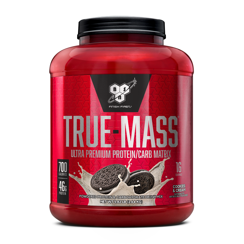 BSN True Mass protein powder, 2.6 kg container, cookies and cream flavor.