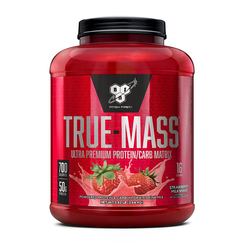 BSN True Mass protein powder, 2.64 kg container, strawberry milkshake flavor.