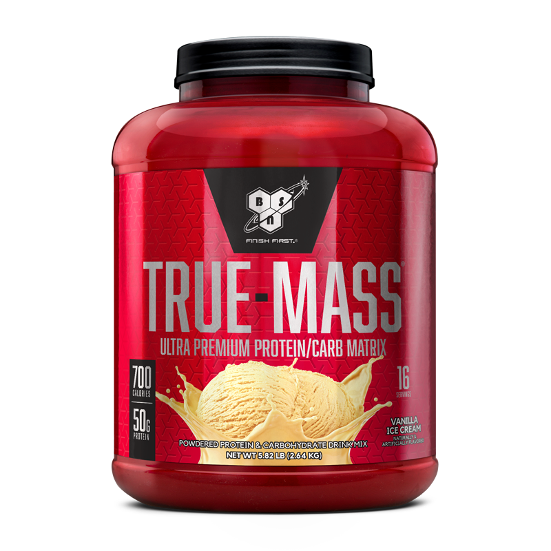 BSN True Mass protein powder, 2.6 kg container, vanilla ice cream flavor.