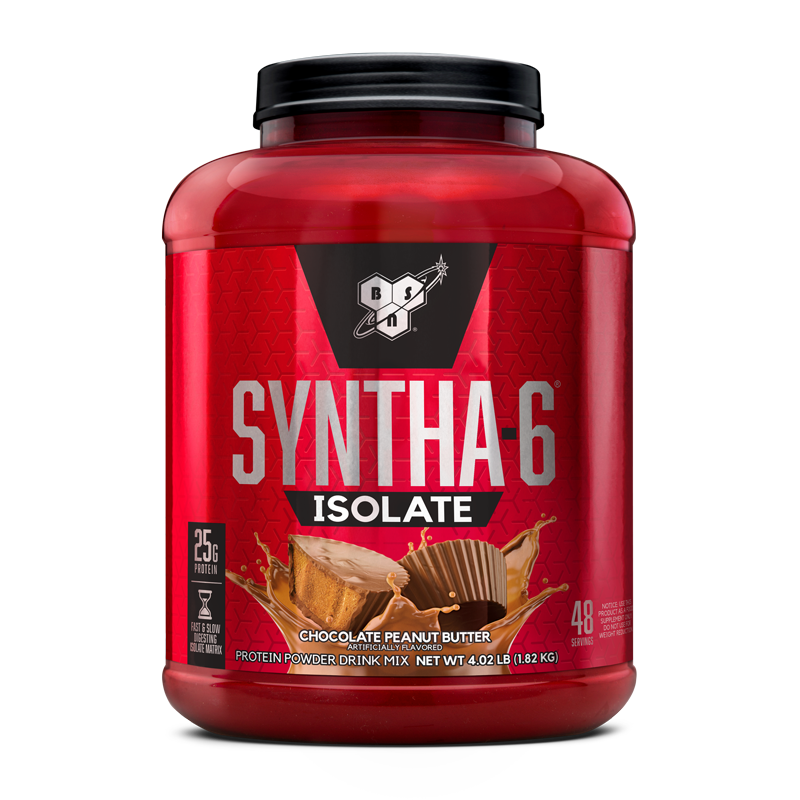 BSN Syntha-6 Isolate protein powder, chocolate peanut butter flavor, 4.02 lb container.