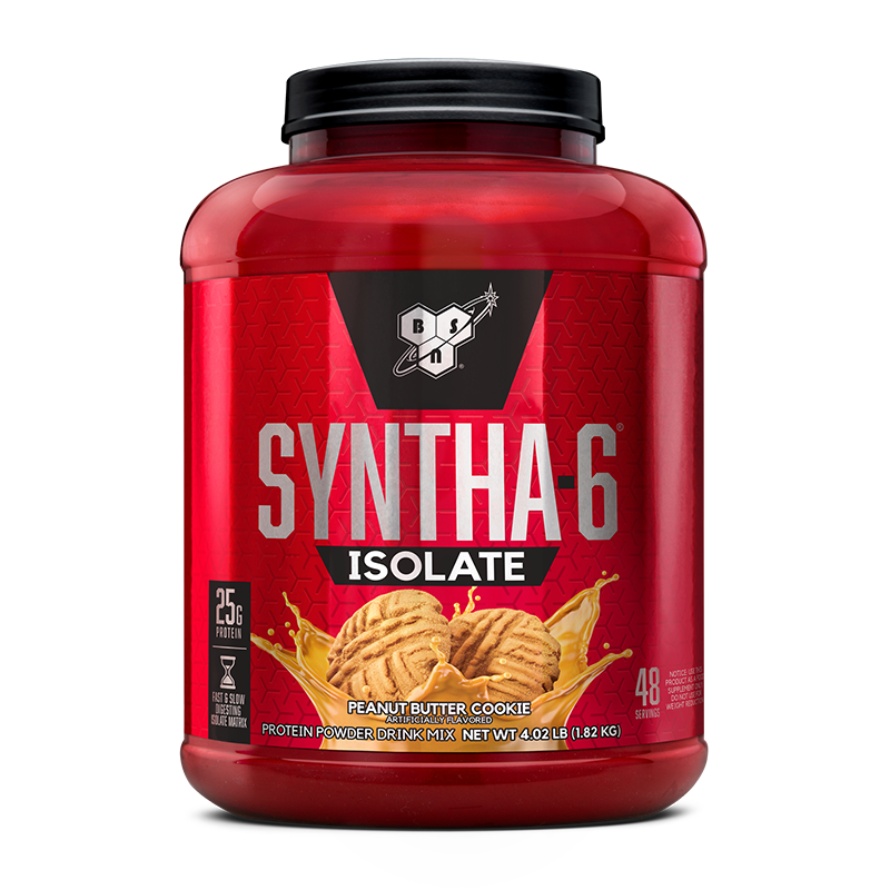 BSN Syntha-6 Isolate protein powder, 4.02 lb container, peanut butter cookie flavor.