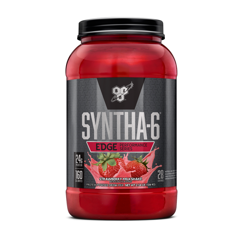 BSN Syntha-6 Edge protein powder, strawberry milkshake flavor, 1.05 kg container.