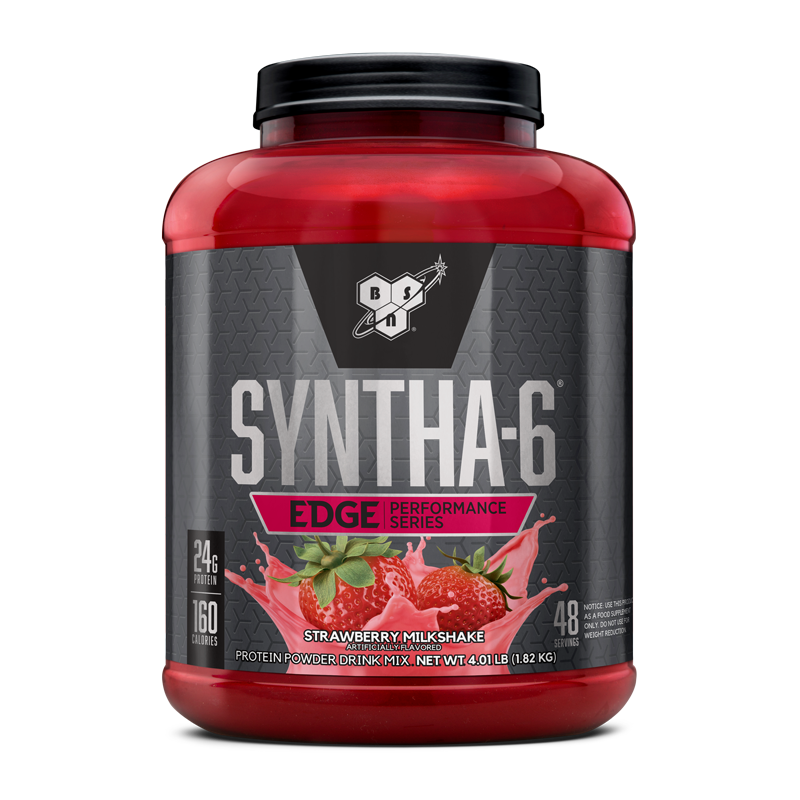 BSN Syntha-6 Edge protein powder, strawberry milkshake flavor, 4.01 lb container.