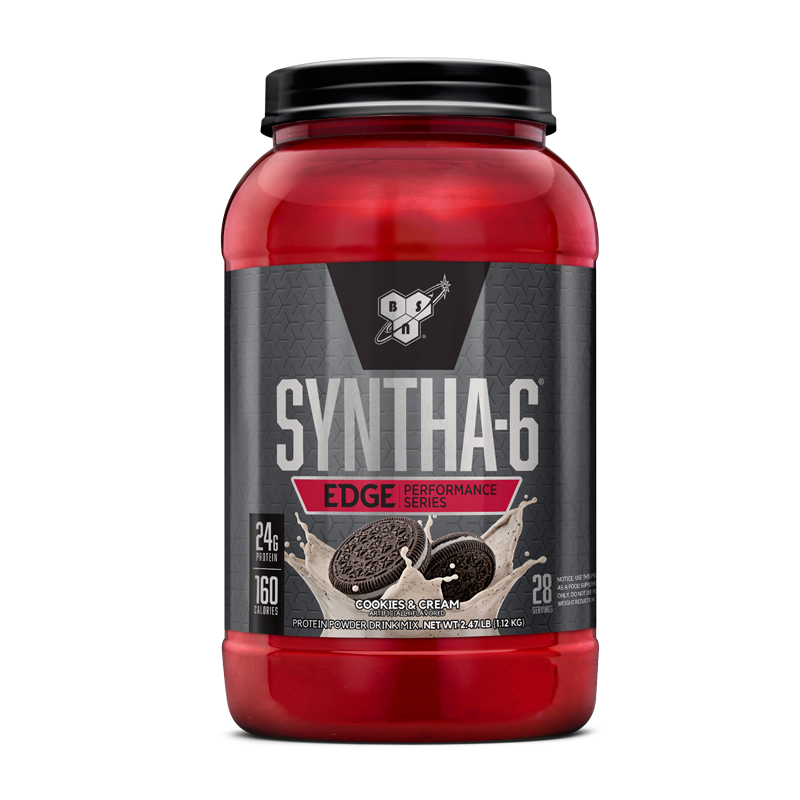 BSN Syntha-6 Edge protein powder, 1.02 kg container, cookies & cream flavor.