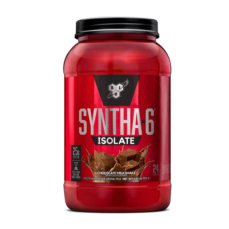 BSN Syntha-6 Isolate protein powder, chocolate milkshake flavor, 2.01 lb container.