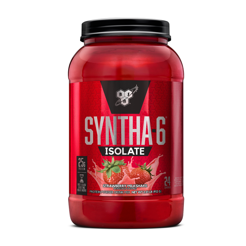 BSN Syntha-6 Isolate protein powder, 2.01 lb container, strawberry milkshake flavor.