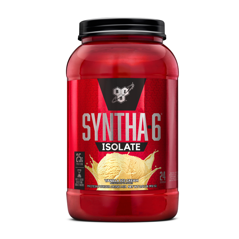 BSN Syntha-6 Isolate protein powder, vanilla ice cream flavor, 912g container.
