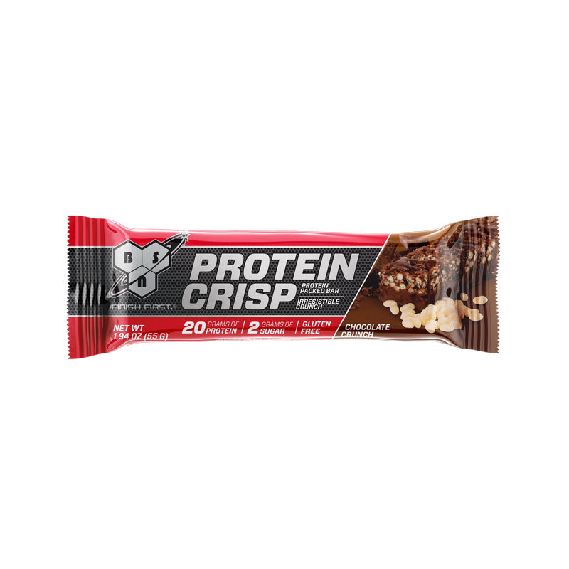 BSN Protein Crisp bar, 65g, chocolate flavor, 20g protein, gluten-free.