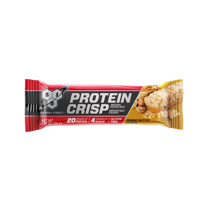 BSN Protein Crisp Bar, peanut butter flavor, 57g, with 20g protein content.