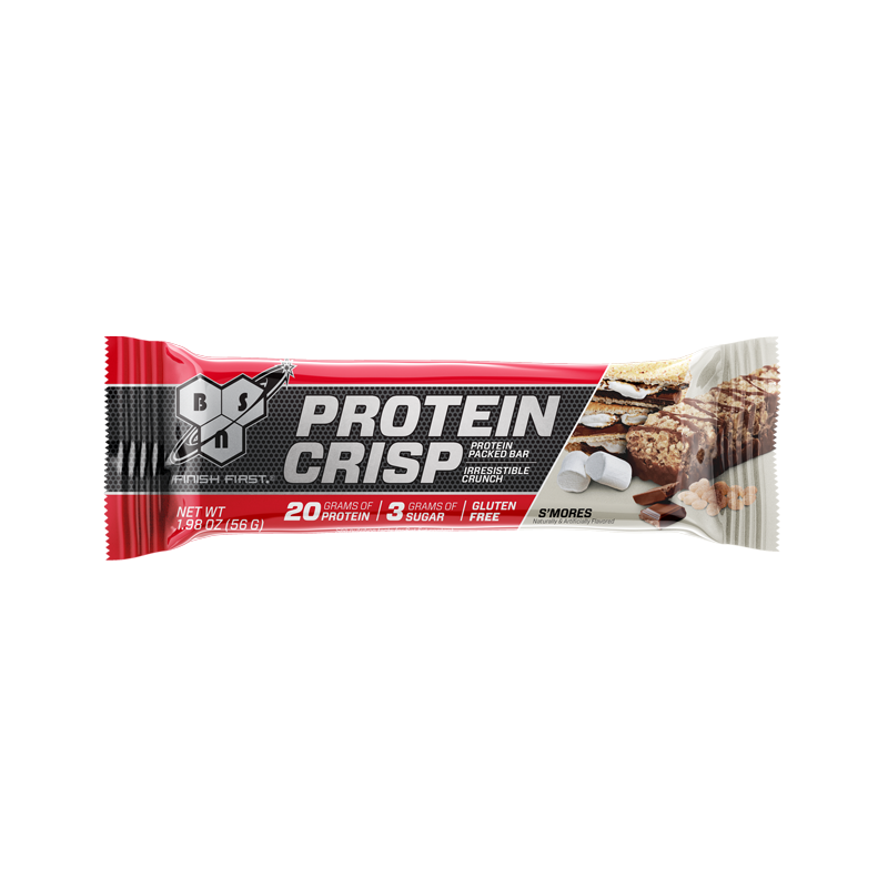BSN Protein Crisp Bar, S'mores flavor, 56g, with 20g protein and gluten-free.