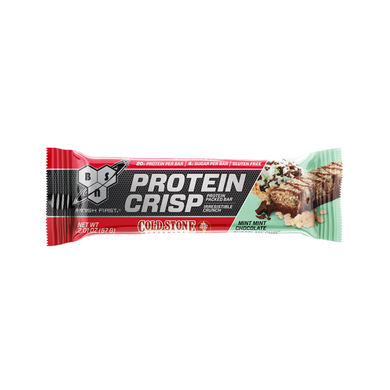 BSN Protein Crisp bar, Mint Mint Chocolate Chocolate Chip flavor, 57g package.