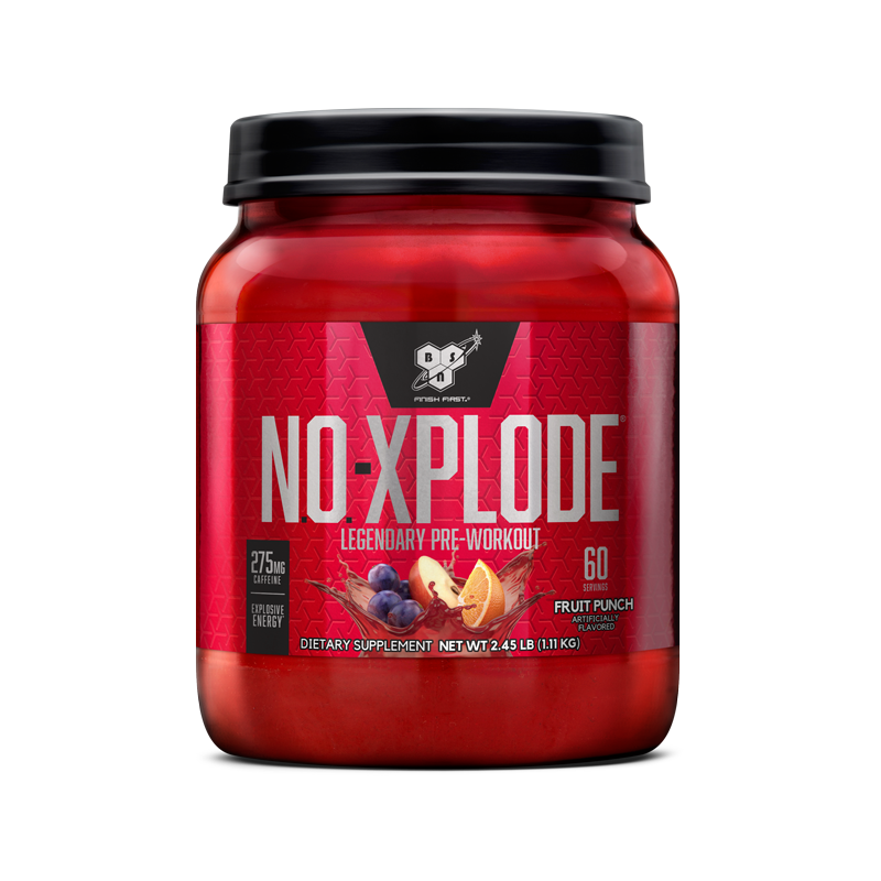 BSN NO-Xplode pre-workout supplement, 2.45 lb fruit punch flavor, 60 servings.