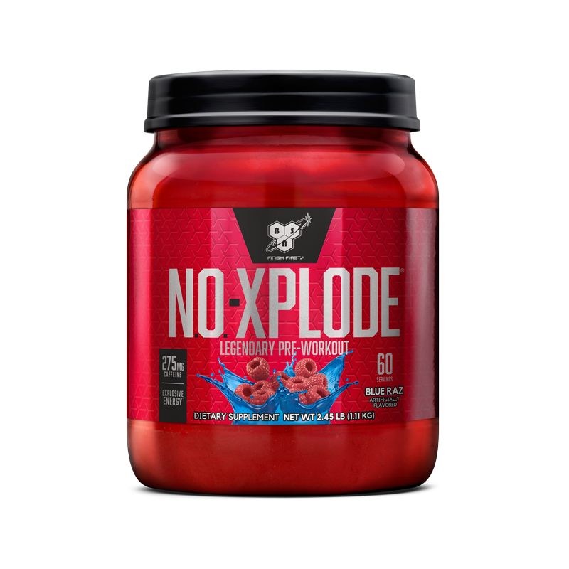BSN NO-Xplode pre-workout supplement, 1.11 kg container, Blue Raz flavor.