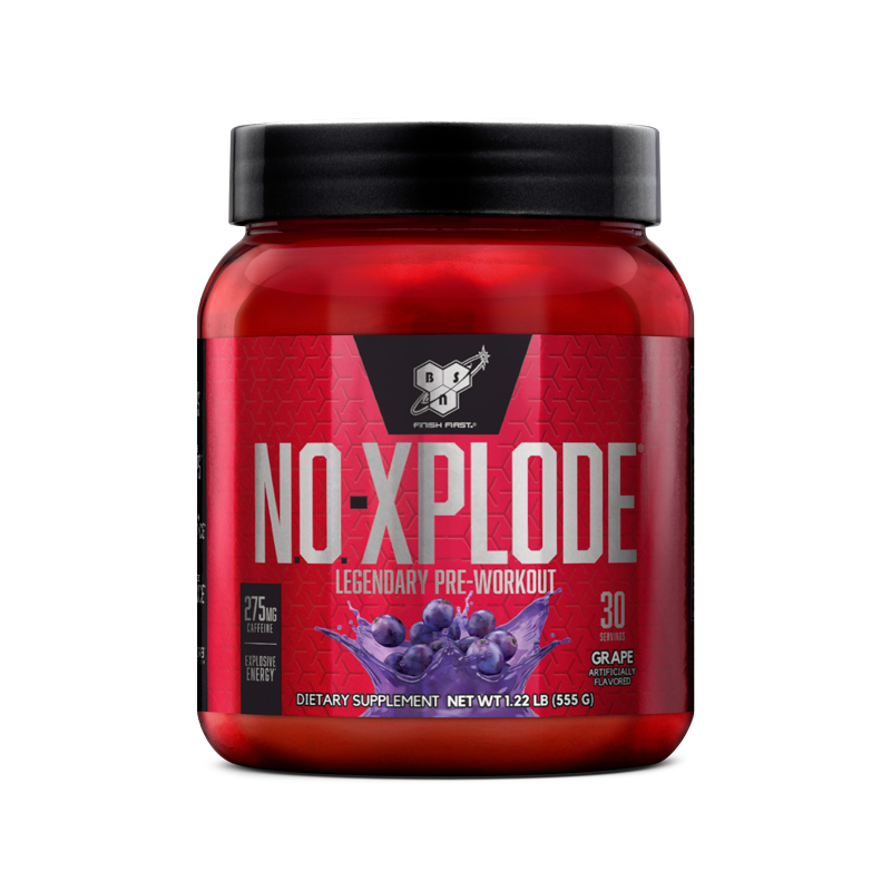 BSN NO-Xplode pre-workout supplement, 1.22 lb (555g) container, grape flavor.
