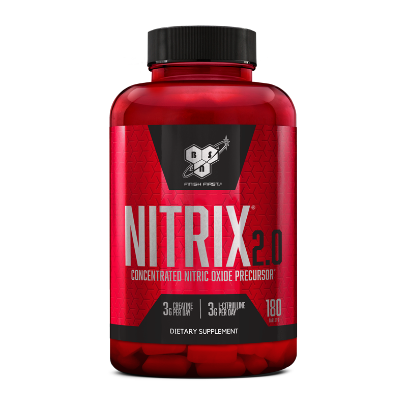 BSN Nitrix 2.0 dietary supplement, 180 tablets, concentrated nitric oxide precursor.
