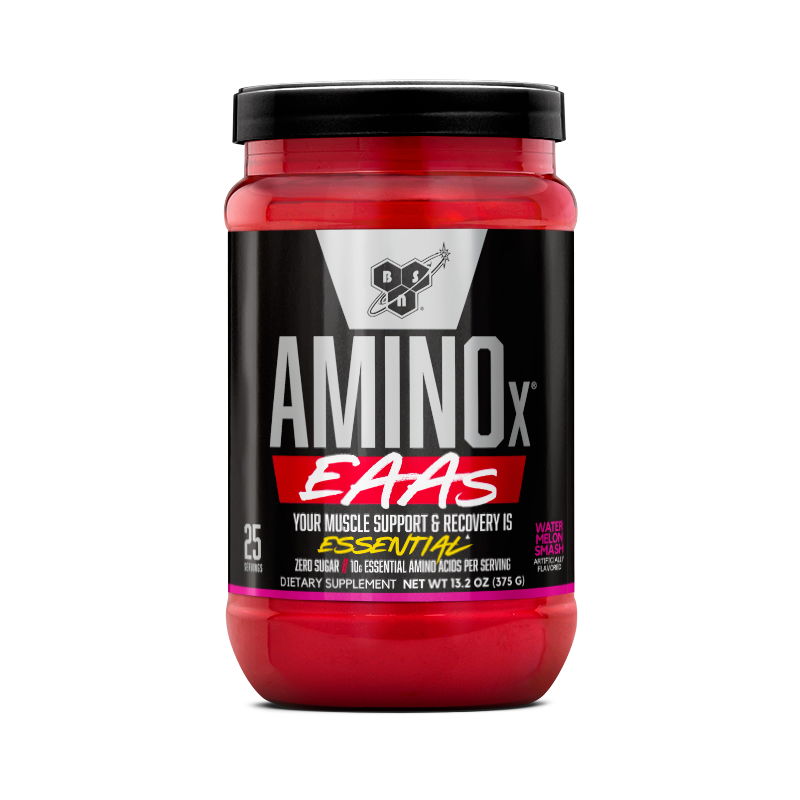 BSN Amino X EAAs supplement, 375g container, supports muscle recovery and contains essential amino acids.