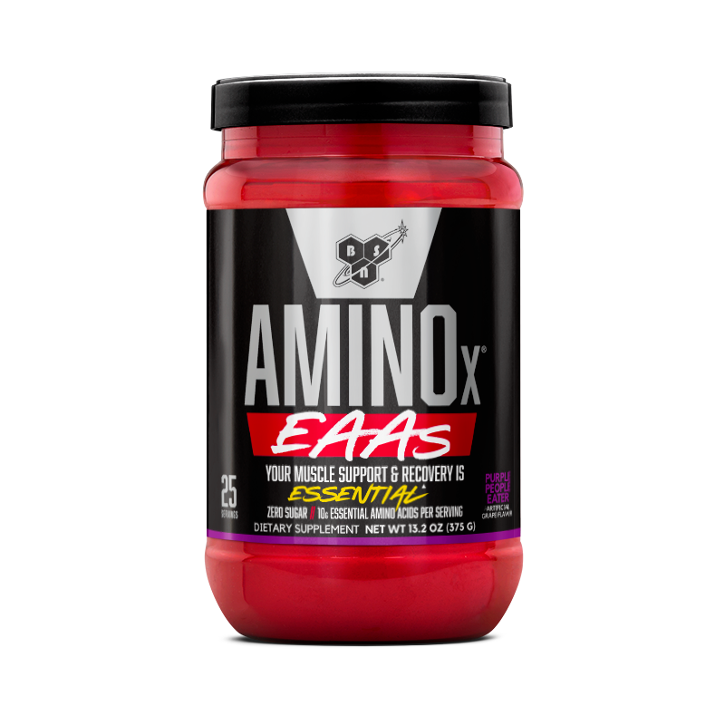 BSN Amino X EAAs supplement, 375g container, supports muscle recovery and essential amino acids.