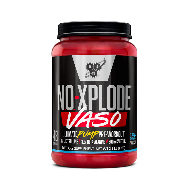 NO-Xplode Vaso pre-workout supplement, 2 lb container, featuring beta-alanine and caffeine.