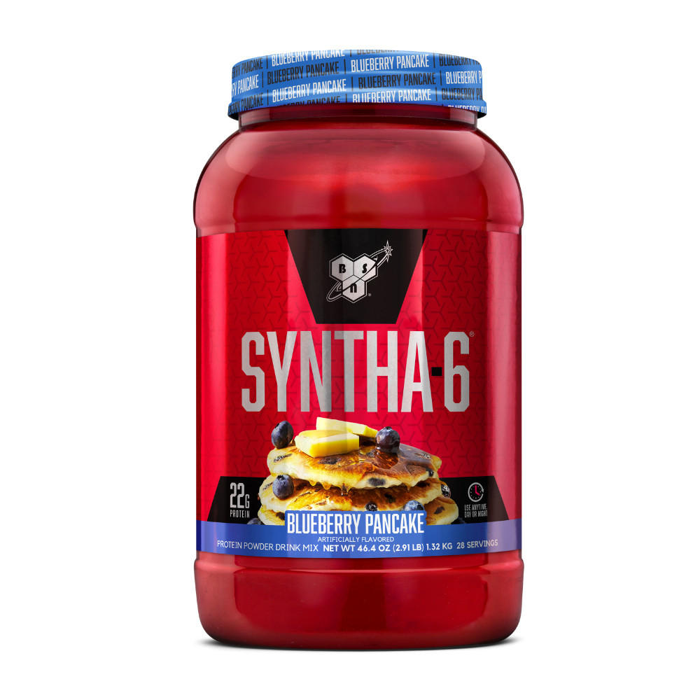 BSN Syntha-6 protein powder, blueberry pancake flavor, 44.4 oz container.