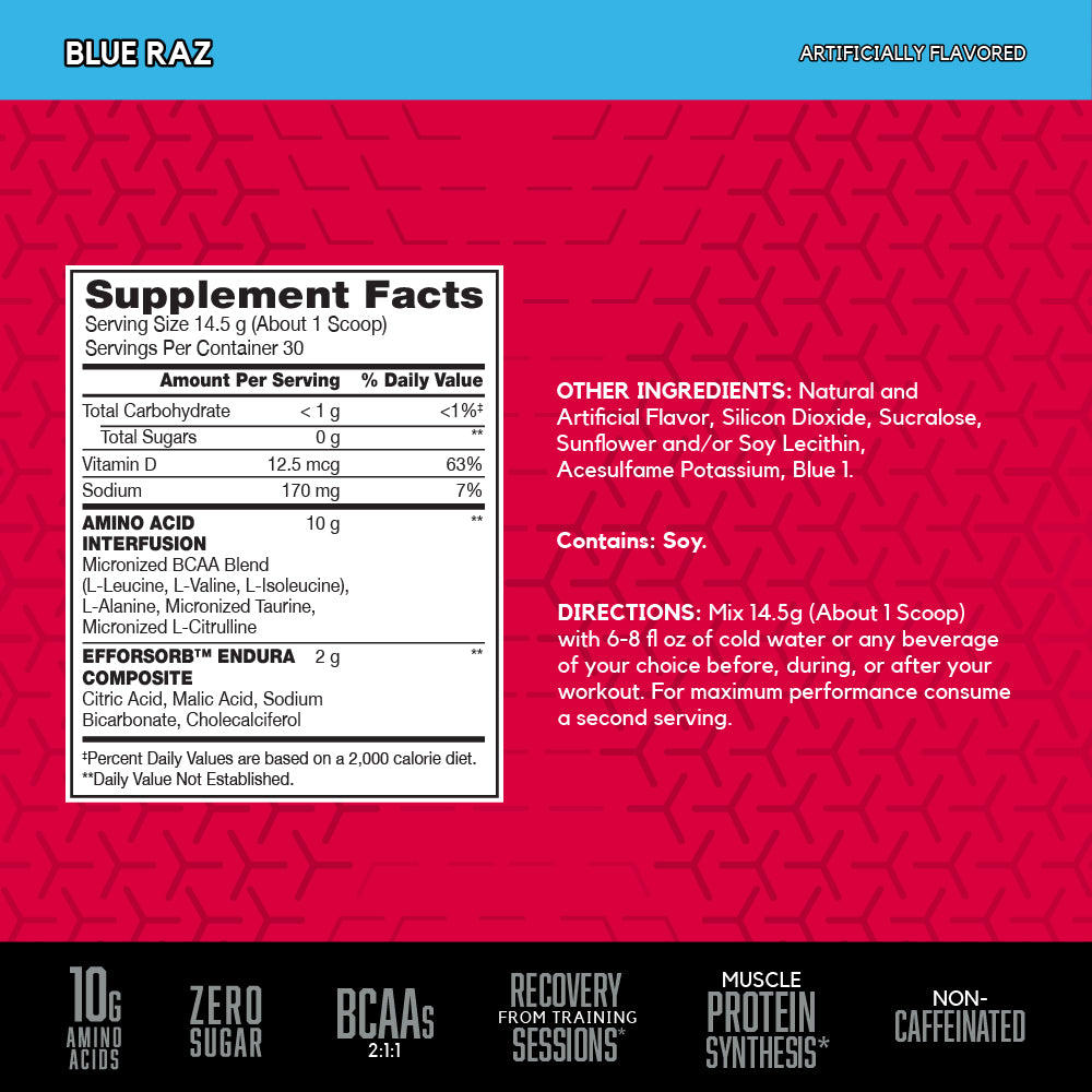 Tabla nutricional oficial de AMINOx 30 servicios, sabor Blue Raspberry publicada por BSN