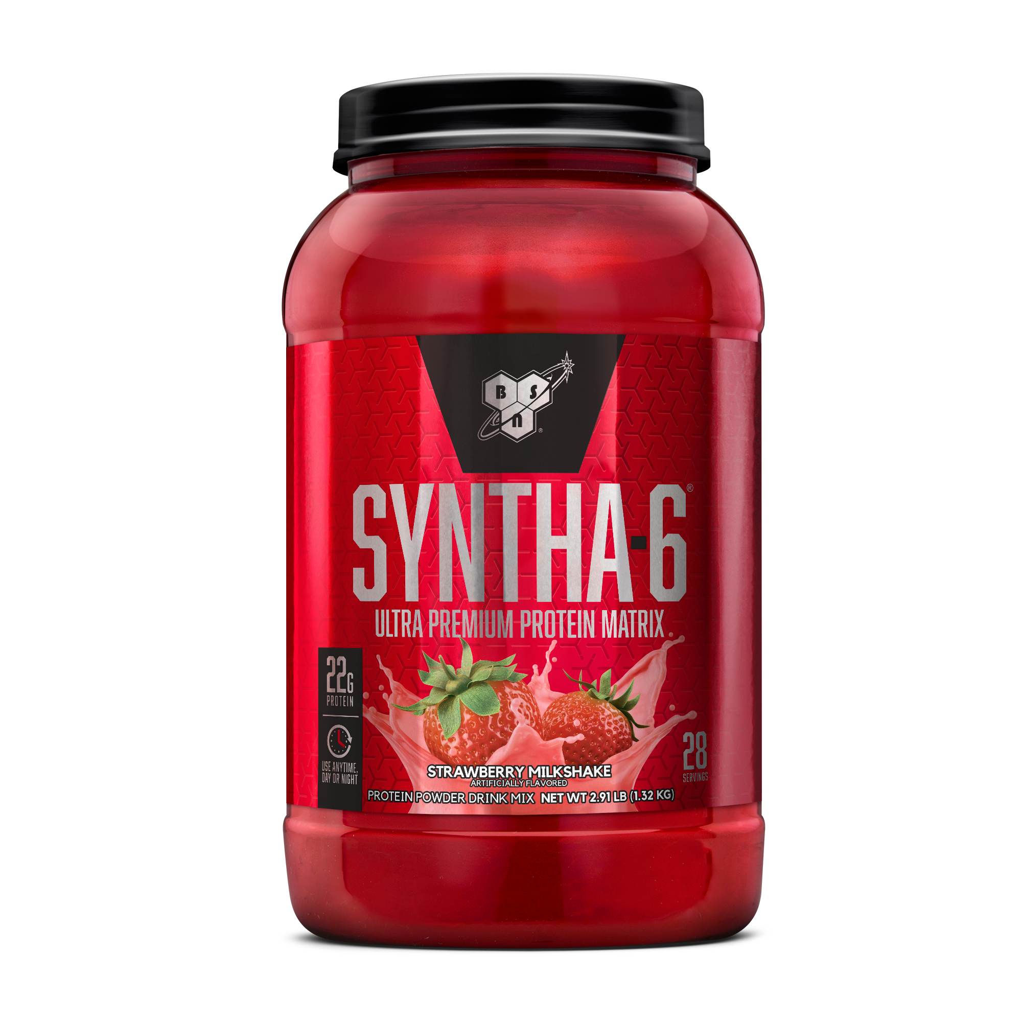 BSN Syntha-6 protein powder, strawberry milkshake flavor, 2.91 lbs container.