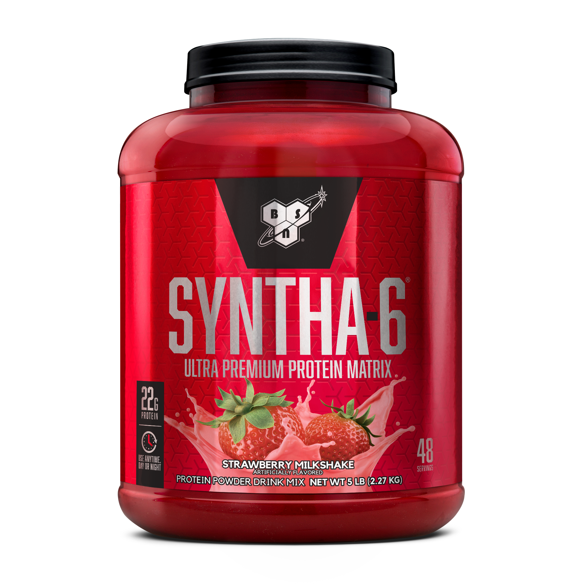 BSN Syntha-6 protein powder, strawberry milkshake flavor, 5 lb container.