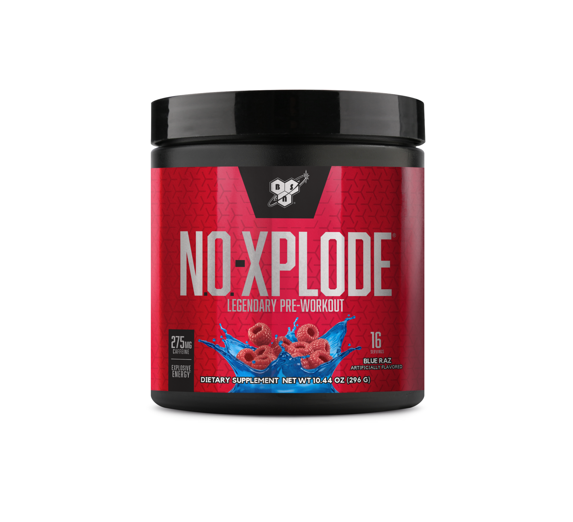 N.O.-XPLODE pre-workout supplement, 16 servings, Blue Raz flavor, 10.4 oz container.