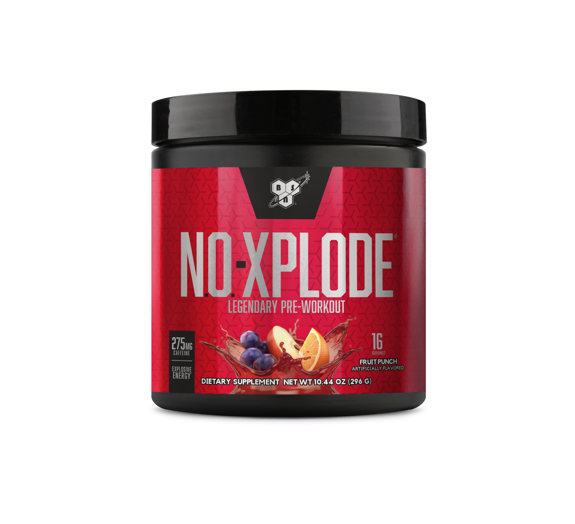 BSN NO-Xplode pre-workout supplement, 16 servings, fruit punch flavor, 229g container.