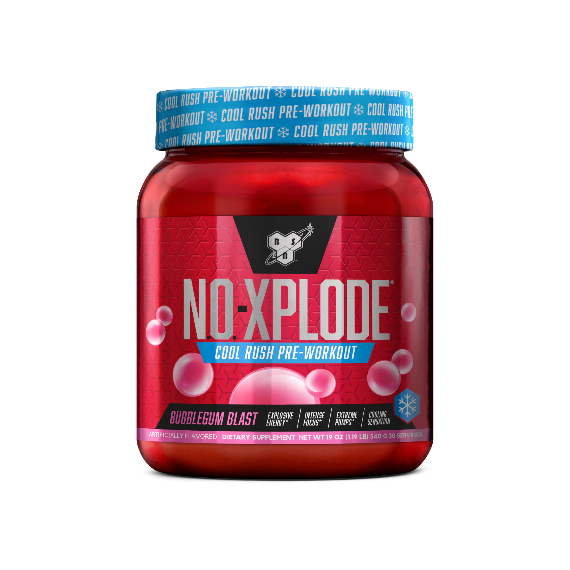 N.O.-Xplode pre-workout supplement, bubblegum blast flavor, 30 servings.