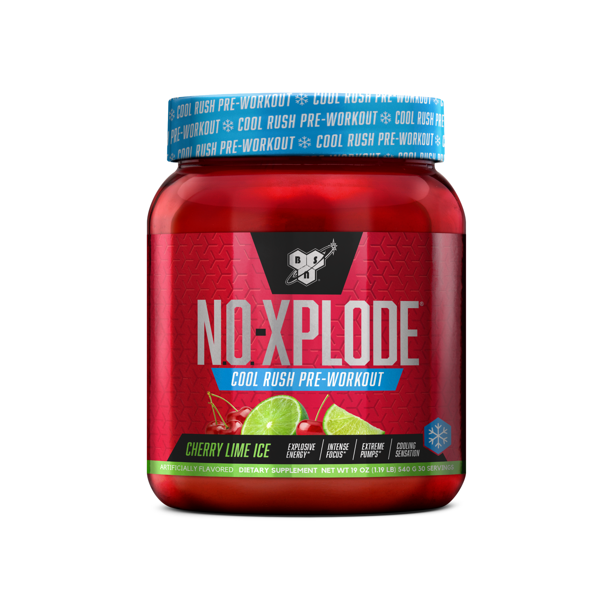 BSN NO-Xplode pre-workout supplement, cherry lime ice flavor, 30 servings container.