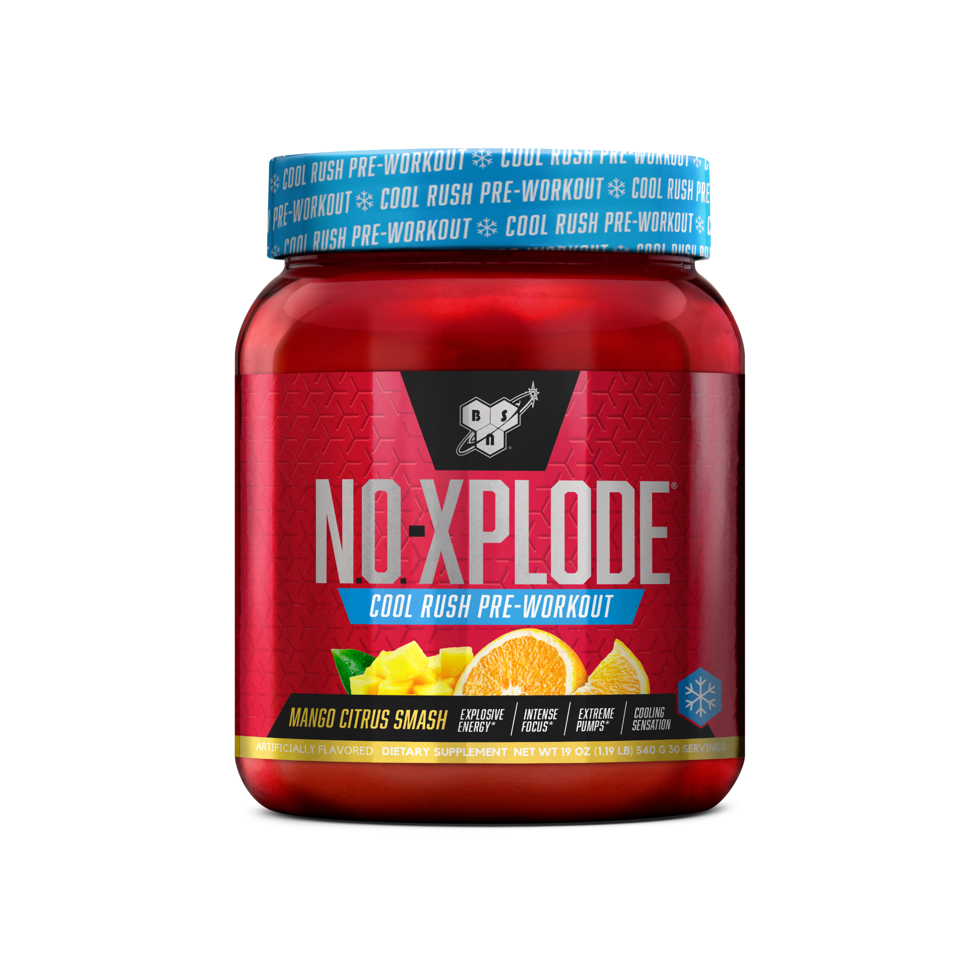BSN NO-Xplode pre-workout supplement, Mango Citrus Smash flavor, 30 servings.