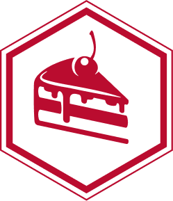 Icon of a slice of cake with a cherry on top inside a hexagonal border.