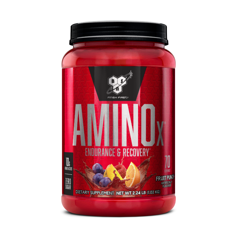 BSN Amino X endurance and recovery supplement, 2.24 lb container, fruit punch flavor.