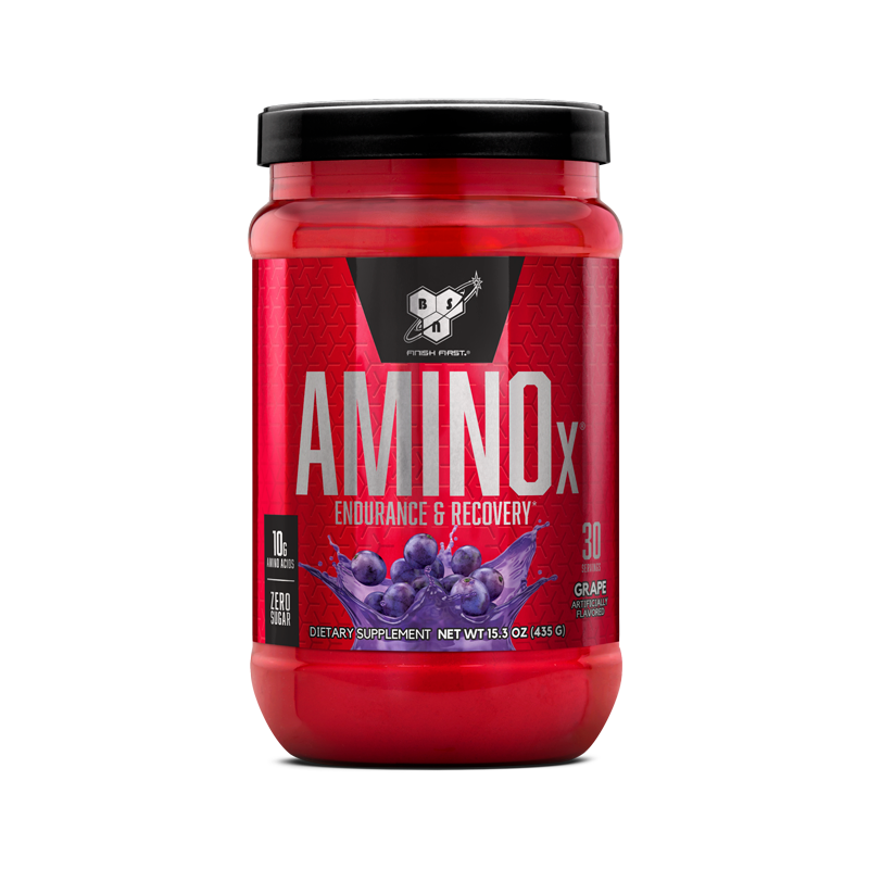 BSN Amino X Endurance & Recovery supplement, 435g grape flavor, 30 servings.