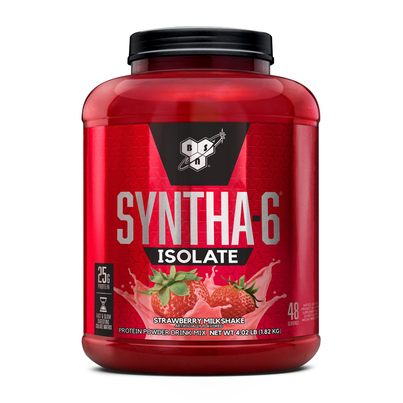 BSN Syntha-6 Isolate protein powder, strawberry milkshake flavor, 4.02 lb container.