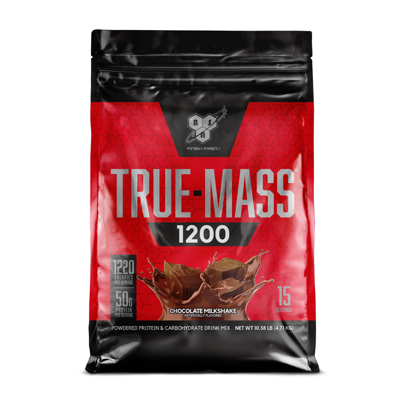 BSN True-Mass 1200 protein powder, chocolate milkshake flavor, 15 servings, 10.38 lb bag.