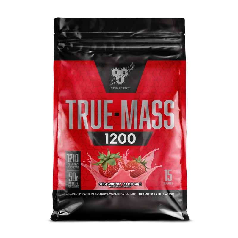BSN True-Mass 1200 protein powder, strawberry milkshake flavor, 15 servings, 10.25 lbs.