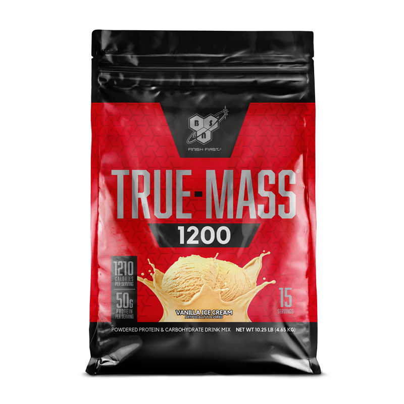 BSN True-Mass 1200 protein powder, vanilla ice cream flavor, 15 servings, 4.63 lb package.