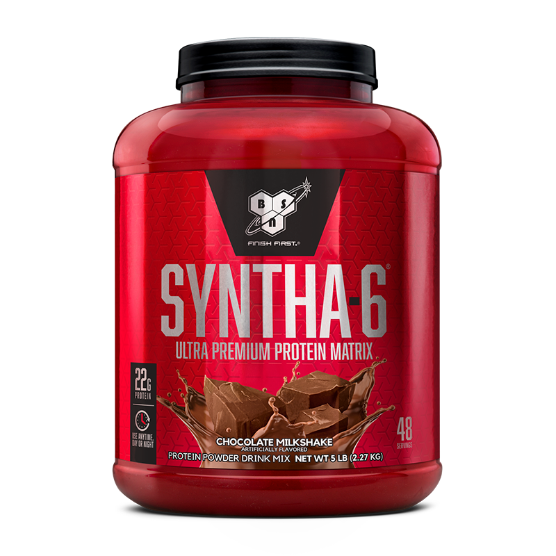 BSN Syntha-6 protein powder, chocolate milkshake flavor, 5 lb container.
