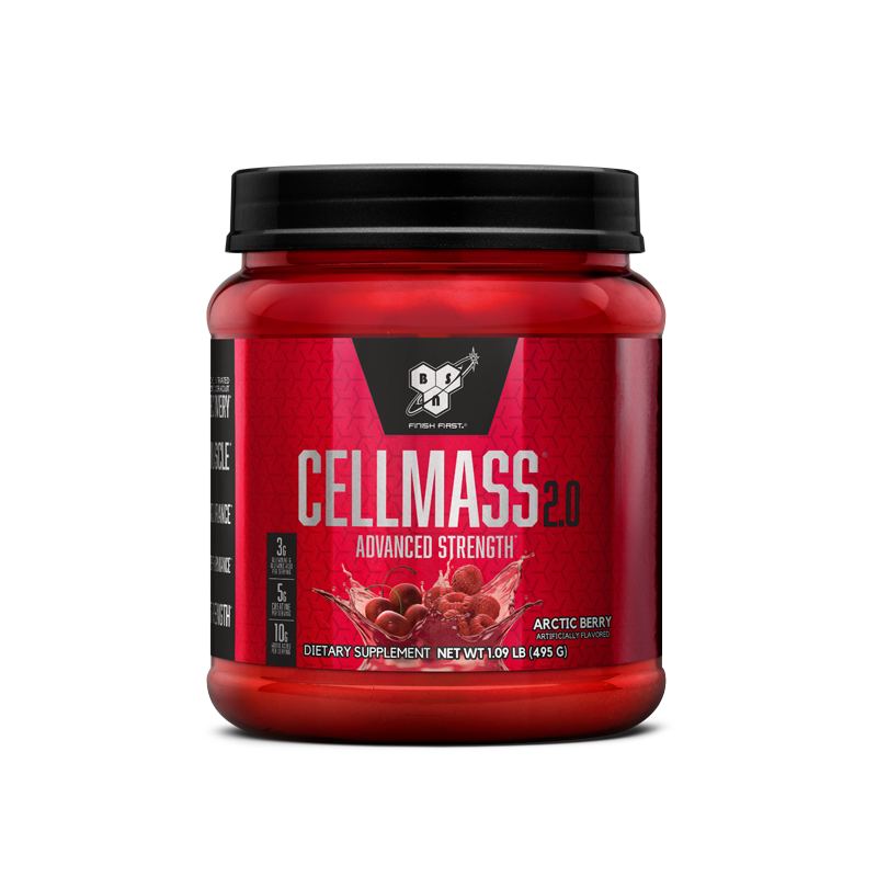 BSN Cellmass 2.0, advanced strength recovery supplement, 490g container.